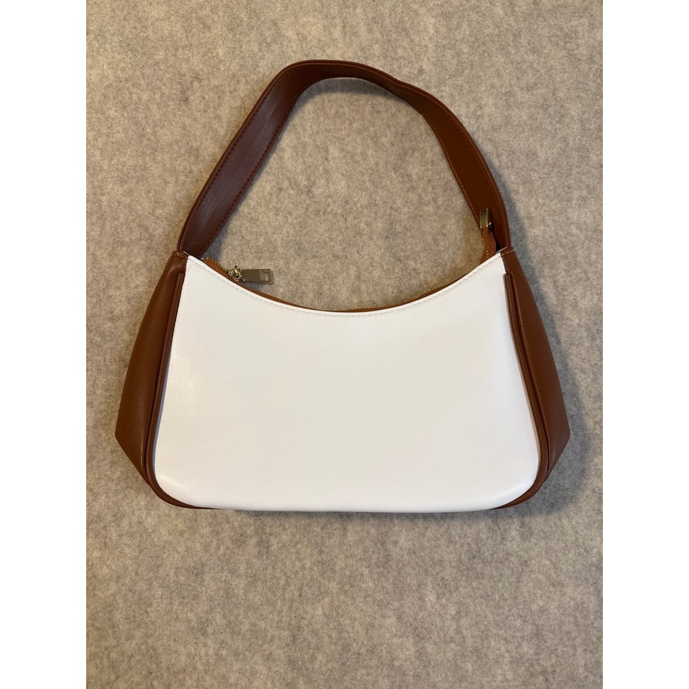 White and Brown Baguette Shoulder Bag Minimalist Two Tone Handbag Gold Zipper